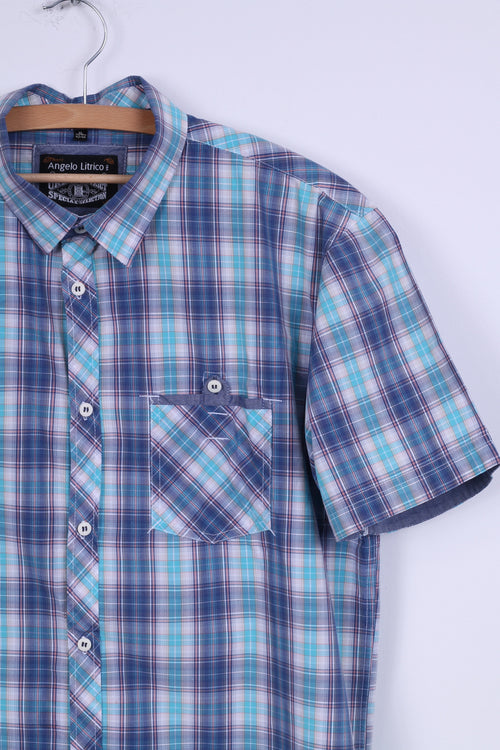 Angelo Litrico C&amp;A Chemise décontractée XL en coton à carreaux à manches courtes Bleu