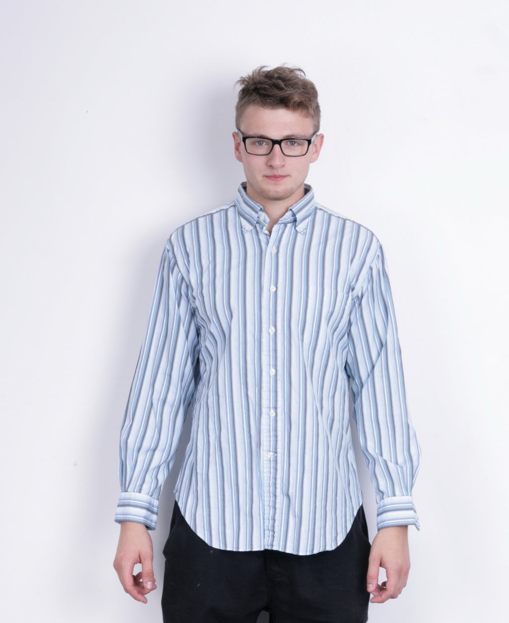 T.M. Lewin Mens L Casual Shirt Striped Blue Classic Fit Cotton - RetrospectClothes