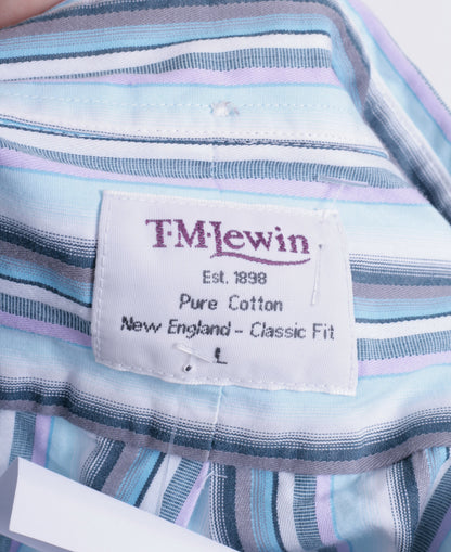 T.M. Lewin Mens L Casual Shirt Striped Blue Classic Fit Cotton - RetrospectClothes
