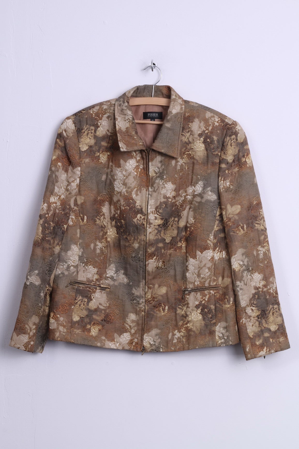 Fisser Womens 44 L Jacket City Sport Gold Green Flowers Printed Wool Blend Shoulder Pads Retro