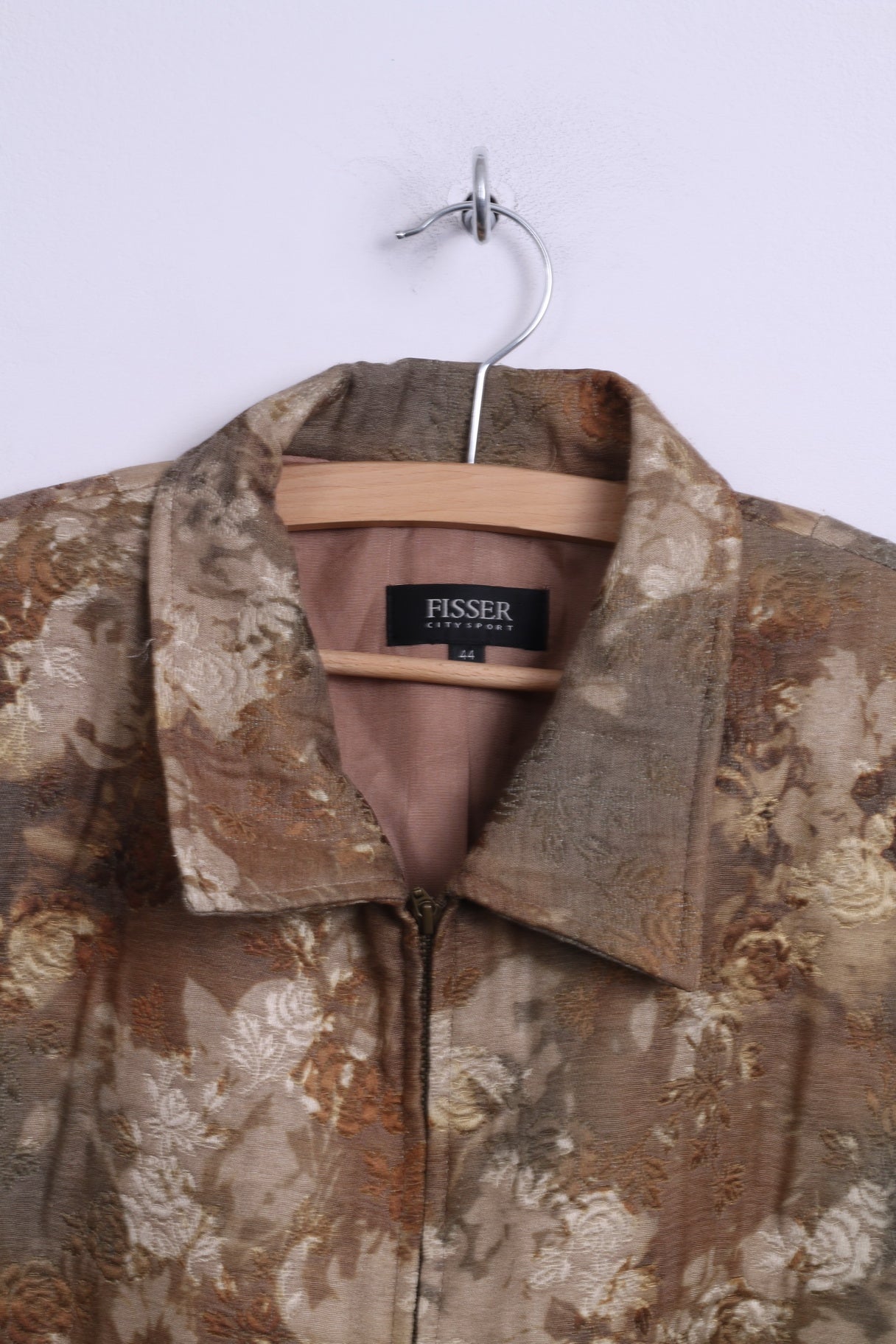 Fisser Womens 44 L Jacket City Sport Gold Green Flowers Printed Wool Blend Shoulder Pads Retro