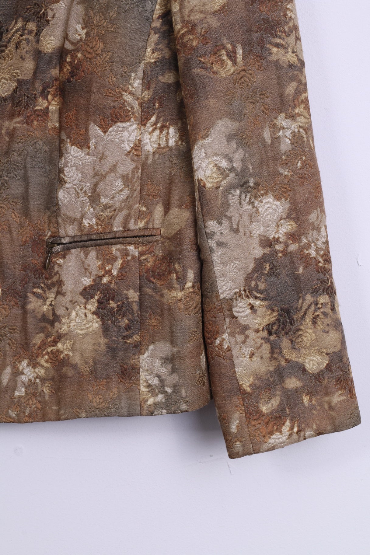 Fisser Womens 44 L Jacket City Sport Gold Green Flowers Printed Wool Blend Shoulder Pads Retro