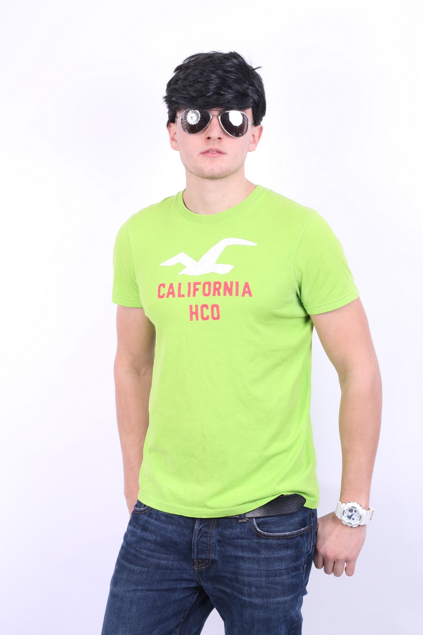 Hollister California Mens L Shirt Green Crew Neck Cotton Summer - RetrospectClothes
