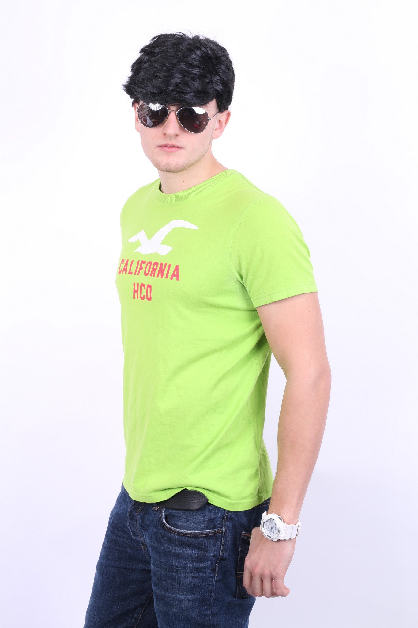 Hollister California Mens L Shirt Green Crew Neck Cotton Summer - RetrospectClothes