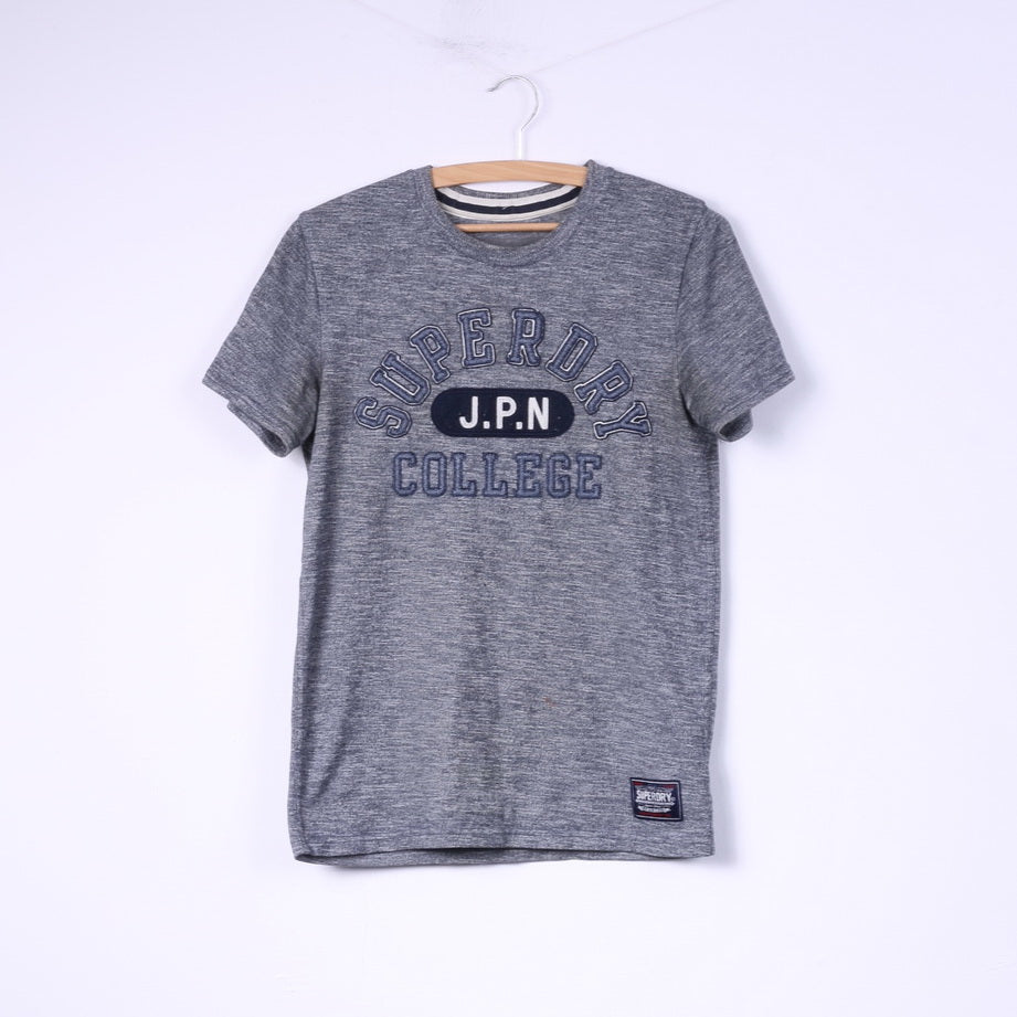 Superdry Hommes S T-Shirt Gris Coton Top JPN College Top Ras Du Cou 