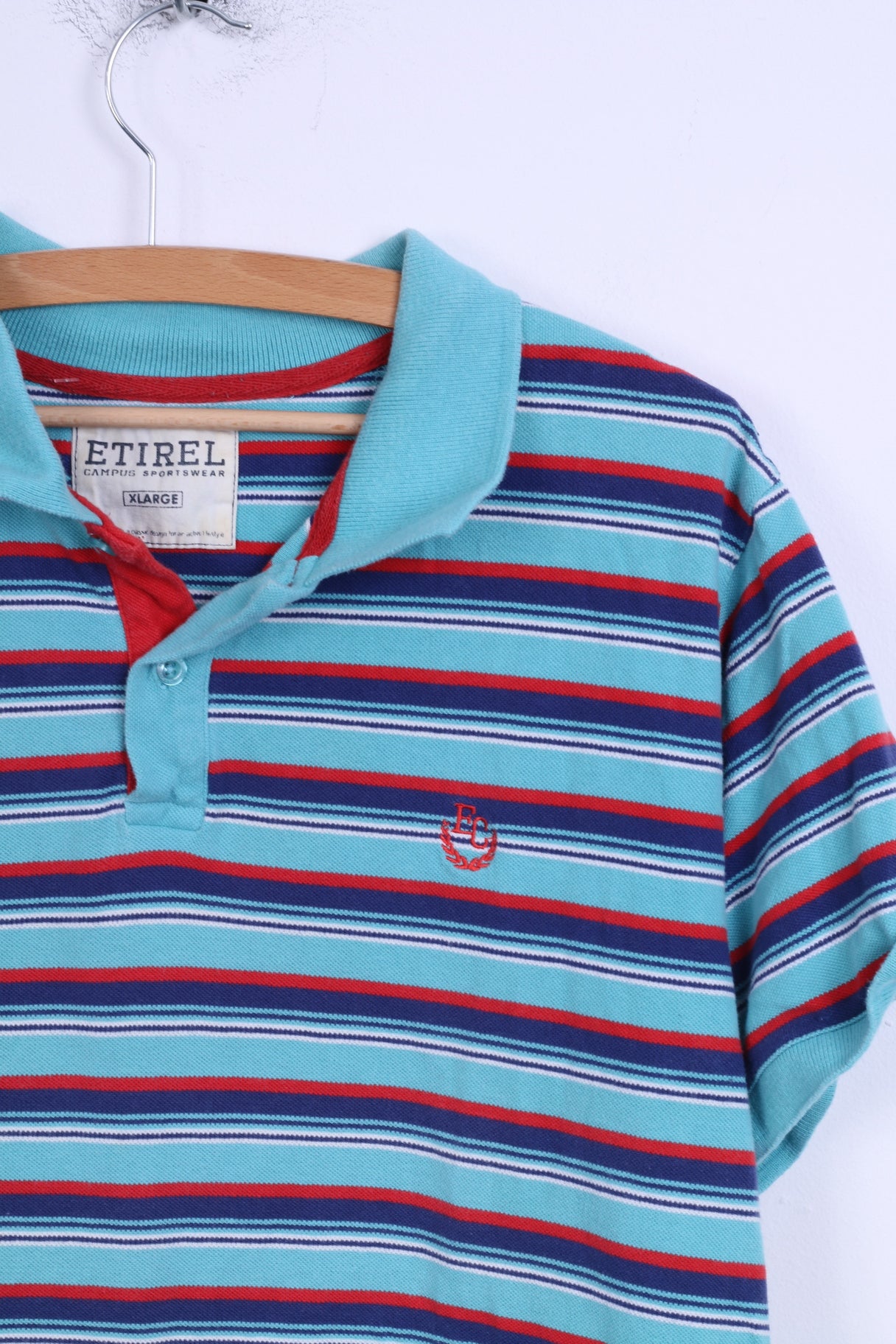 Etirel Mens XL (L) Polo Shirt Blue Striped Cotton Detailed Buttons