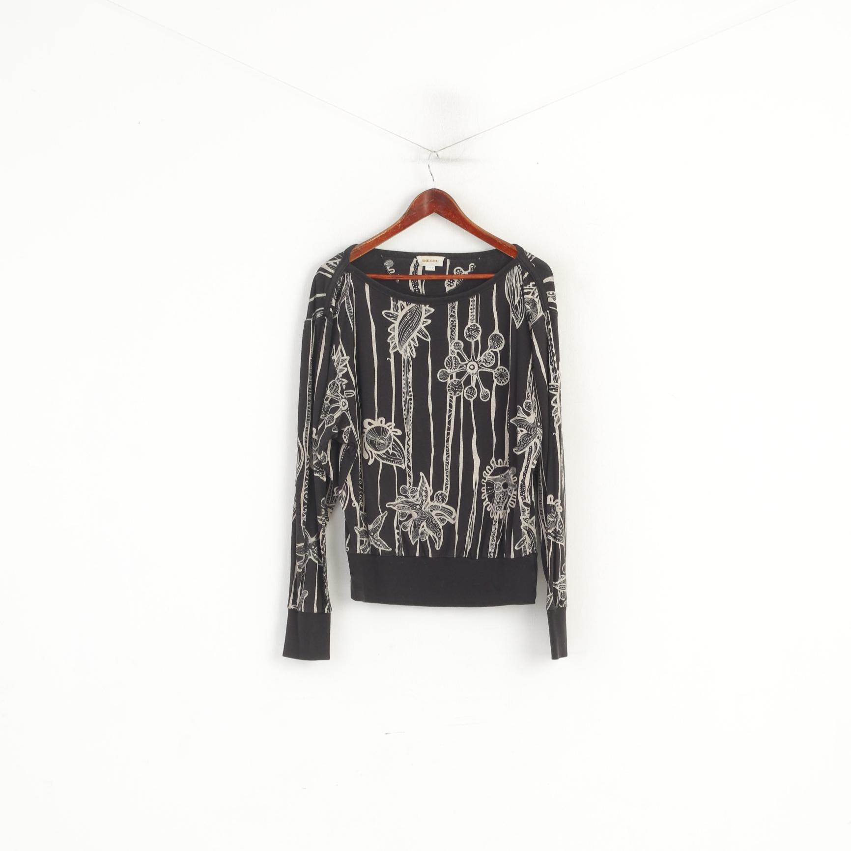 Diesel Femmes M Sweat Noir Coton Vintage Oversize Chauve-Souris Haut Imprimé