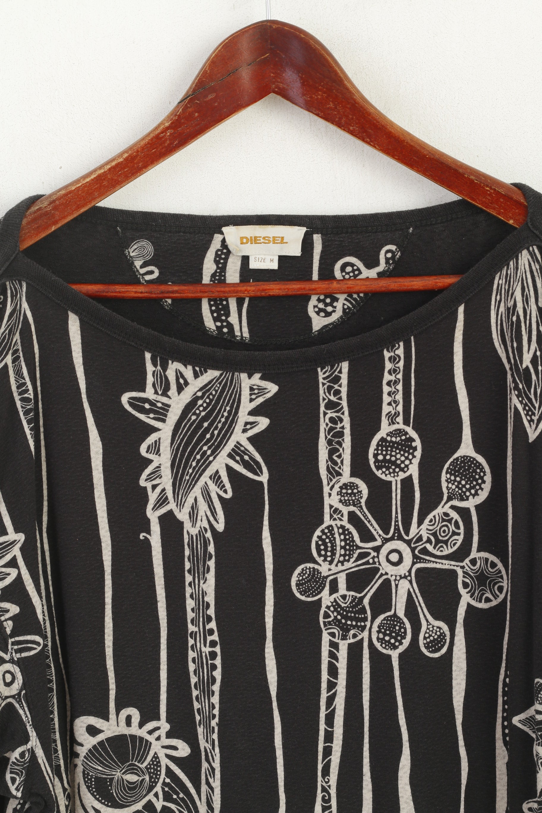 Diesel Femmes M Sweat Noir Coton Vintage Oversize Chauve-Souris Haut Imprimé