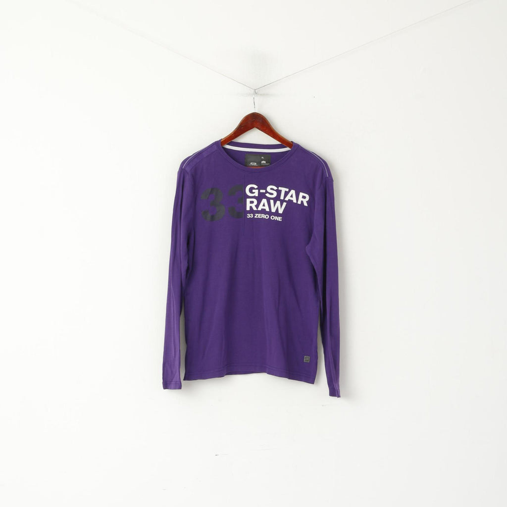 G-Star Men XL (L) Long Sleeved Shirt Purple Cotton Crew Neck Logo Top