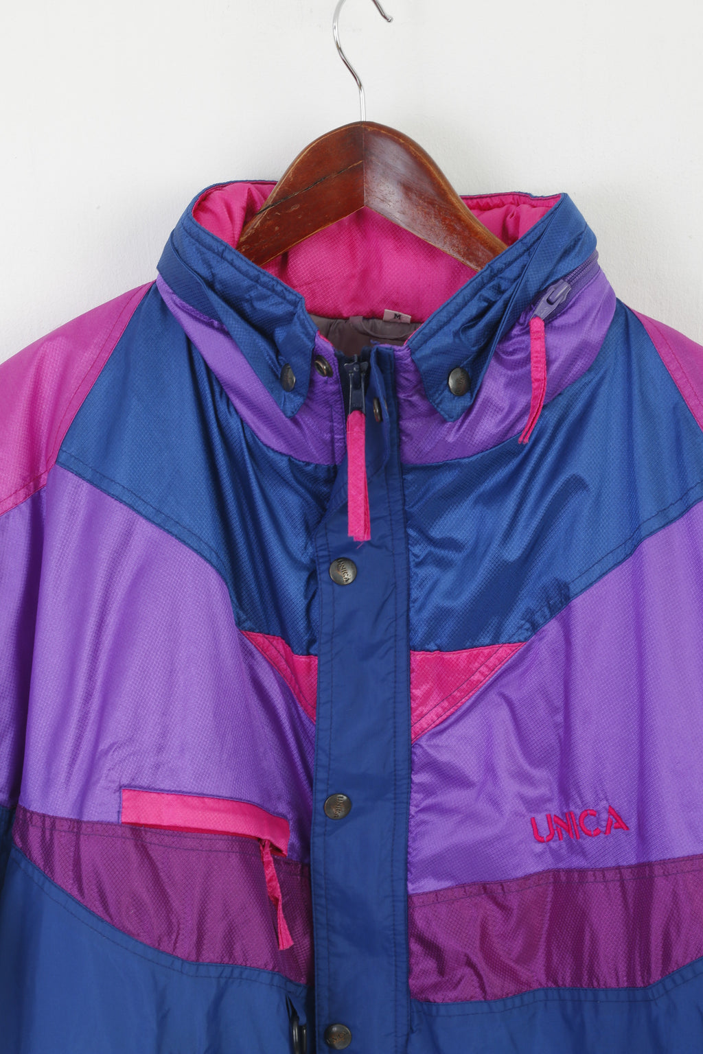 Unica Ski Men M Jacket Pink Navy Shiny Vintage Nylon Waterproof Zip Up Unisex Top