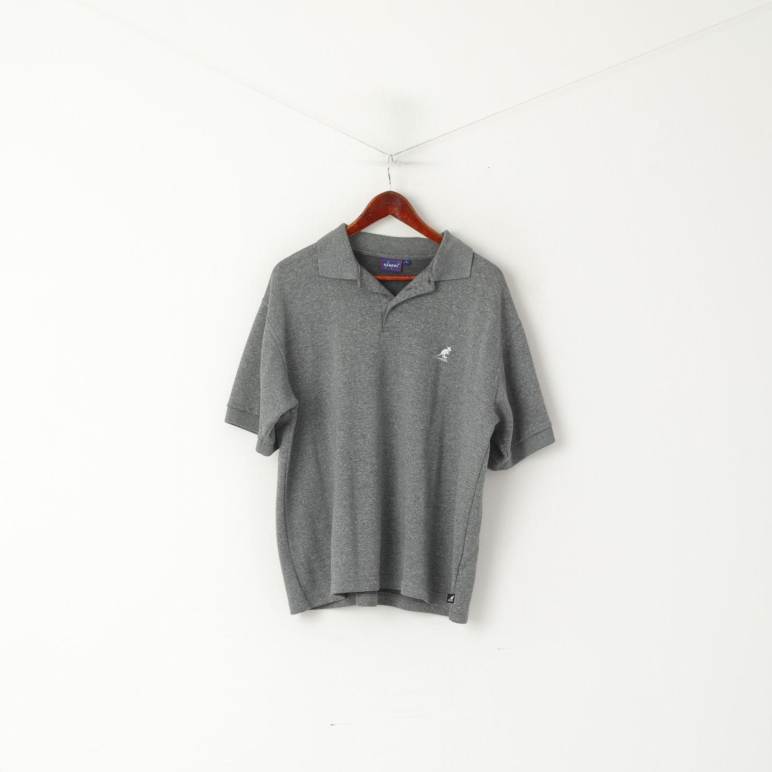 Kangol Men L Polo Shirt Grey Cotton Sport Embroided Logo Short Sleeve Top