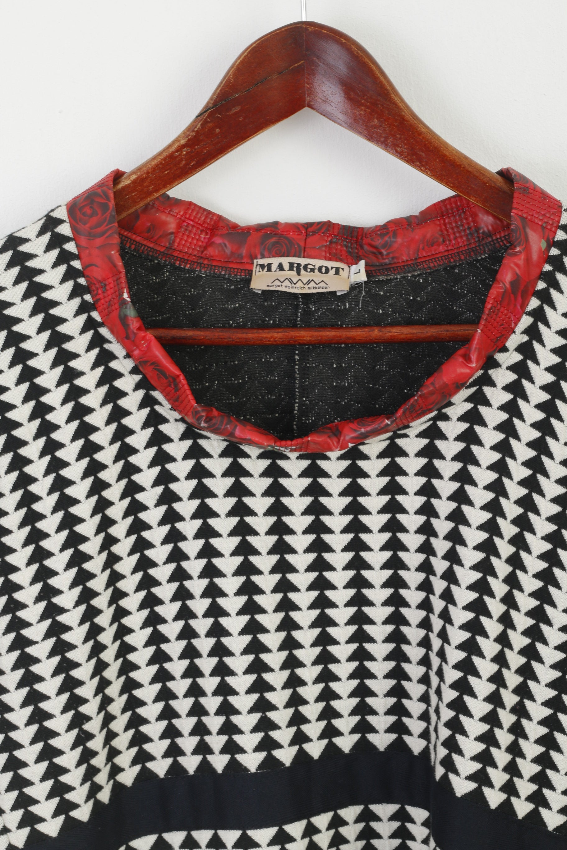 Margot Women L Midi Dress Black White Cotton Vintage Roses Stretch Pencil Crew Neck