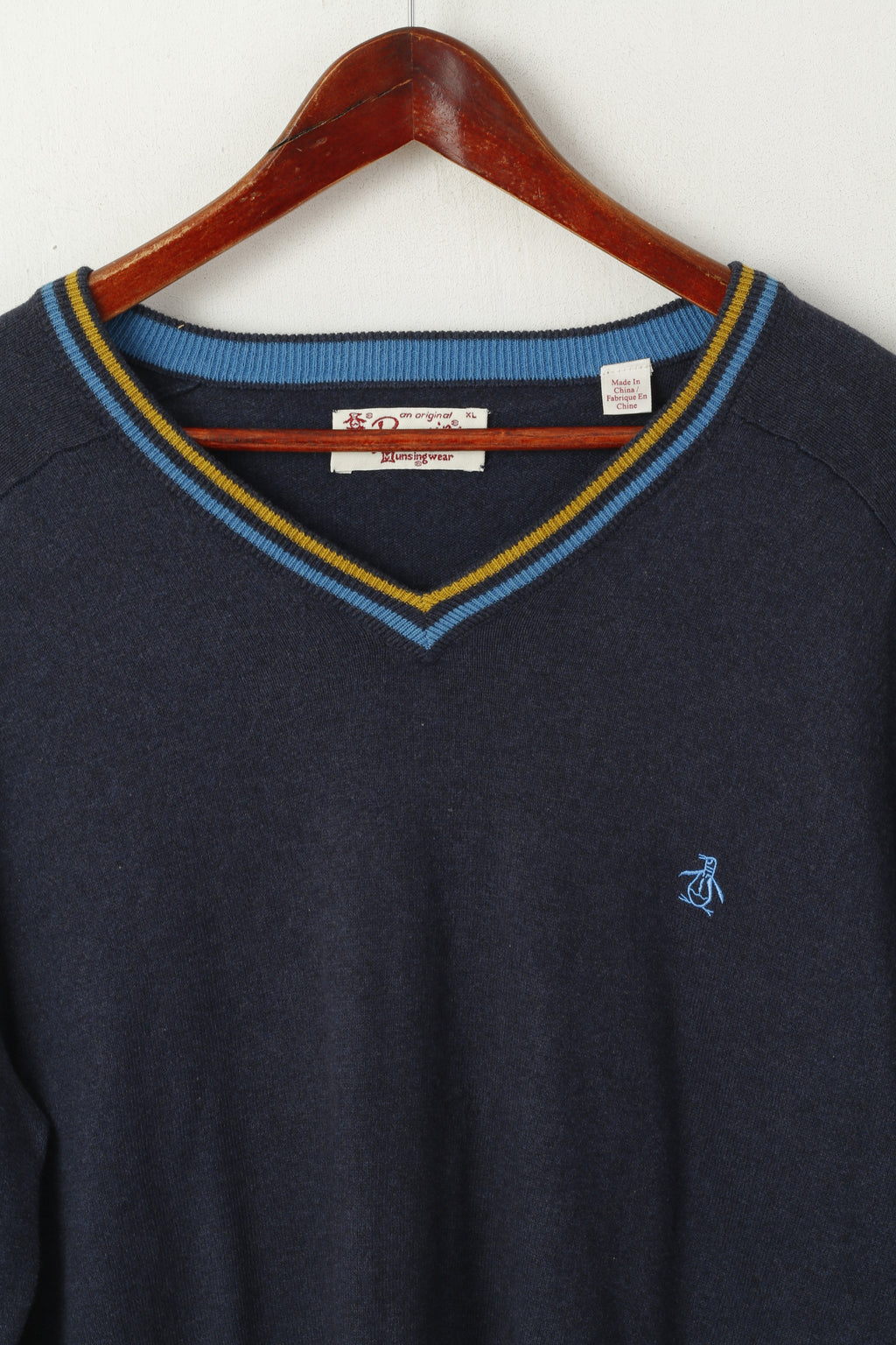 Original Penguin Men XL Jumper Navy Cotton Cashmere Blend V Neck Logo Sweater