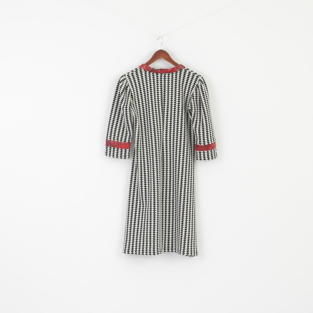 Margot Women L Midi Dress Black White Cotton Vintage Roses Stretch Pencil Crew Neck