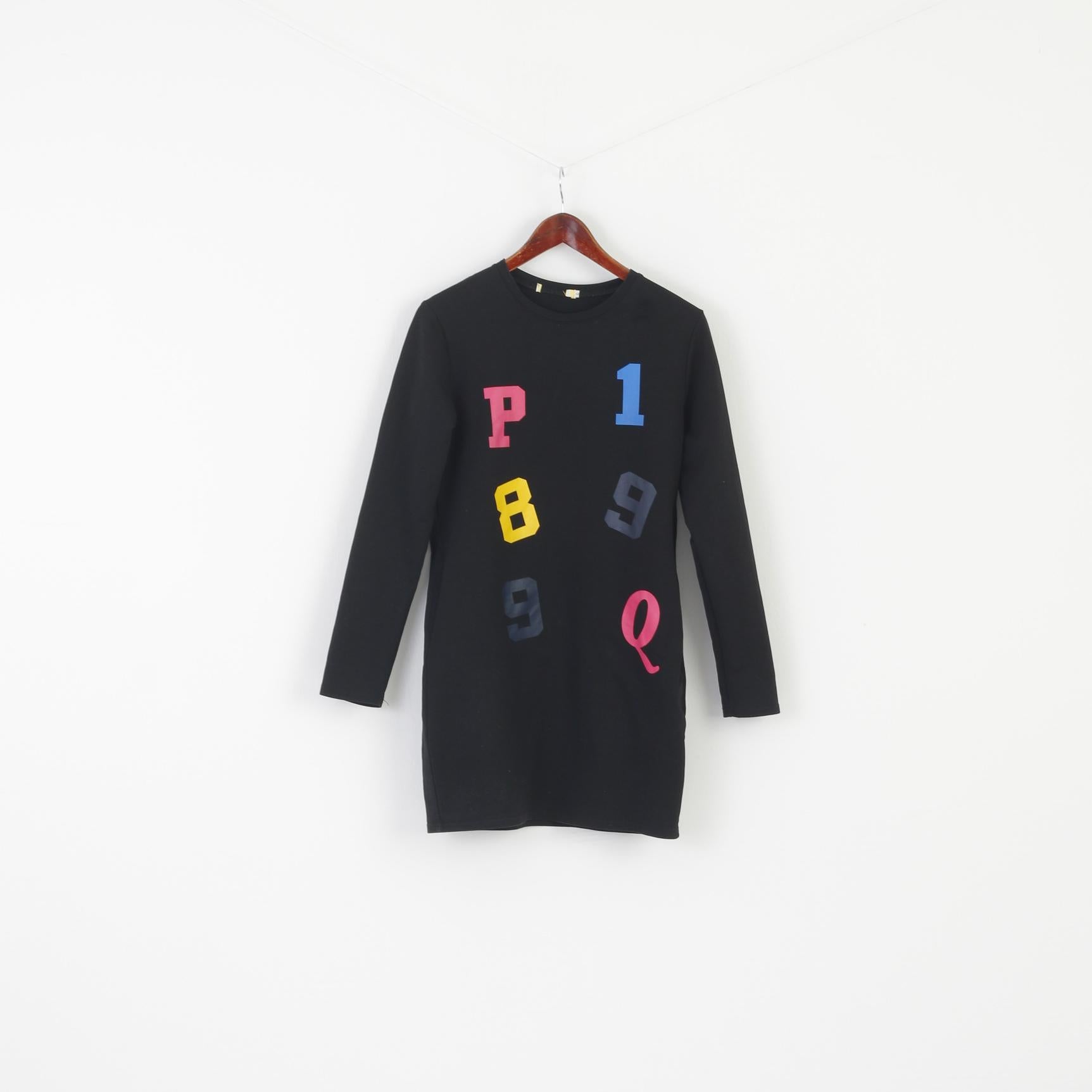 Vintage Women M Dress Black Sport Cotton Stretch Printed Long Sleeve