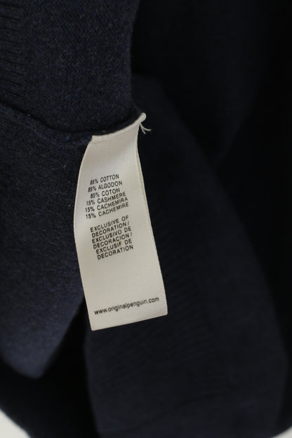Original Penguin Men XL Jumper Navy Cotton Cashmere Blend V Neck Logo Sweater