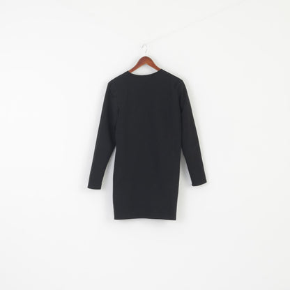 Vintage Women M Dress Black Sport Cotton Stretch Printed Long Sleeve