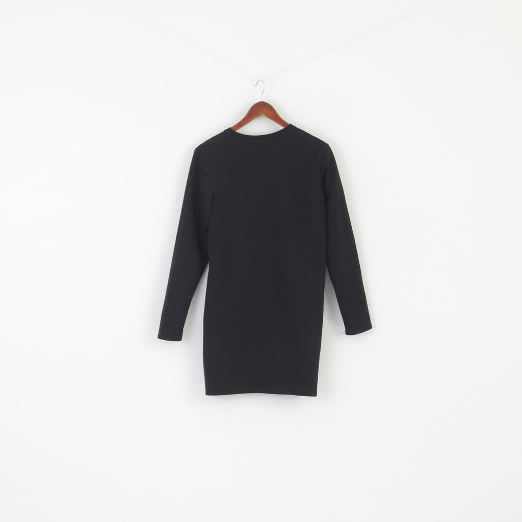 Vintage Women M Dress Black Sport Cotton Stretch Printed Long Sleeve