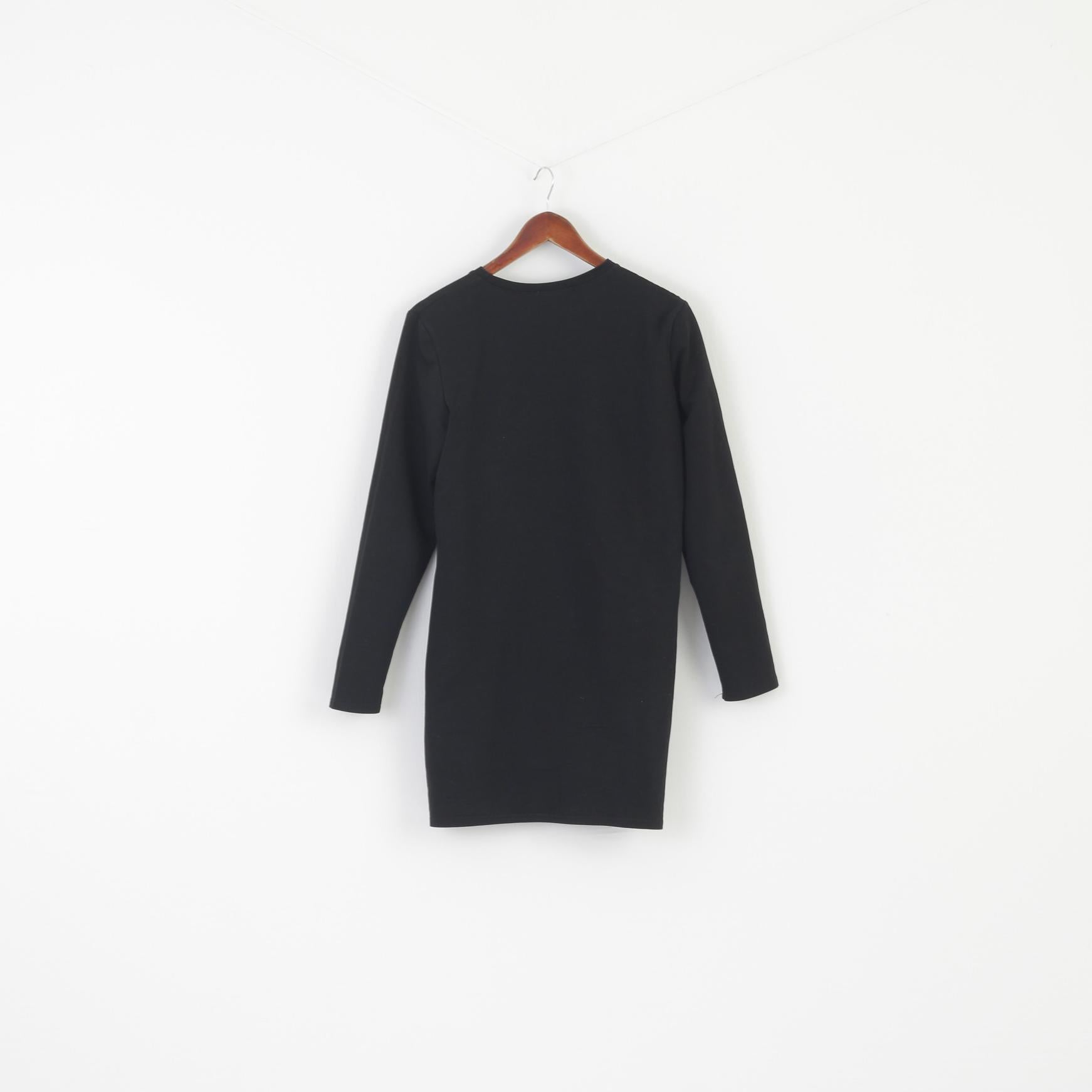 Vintage Women M Dress Black Sport Cotton Stretch Printed Long Sleeve