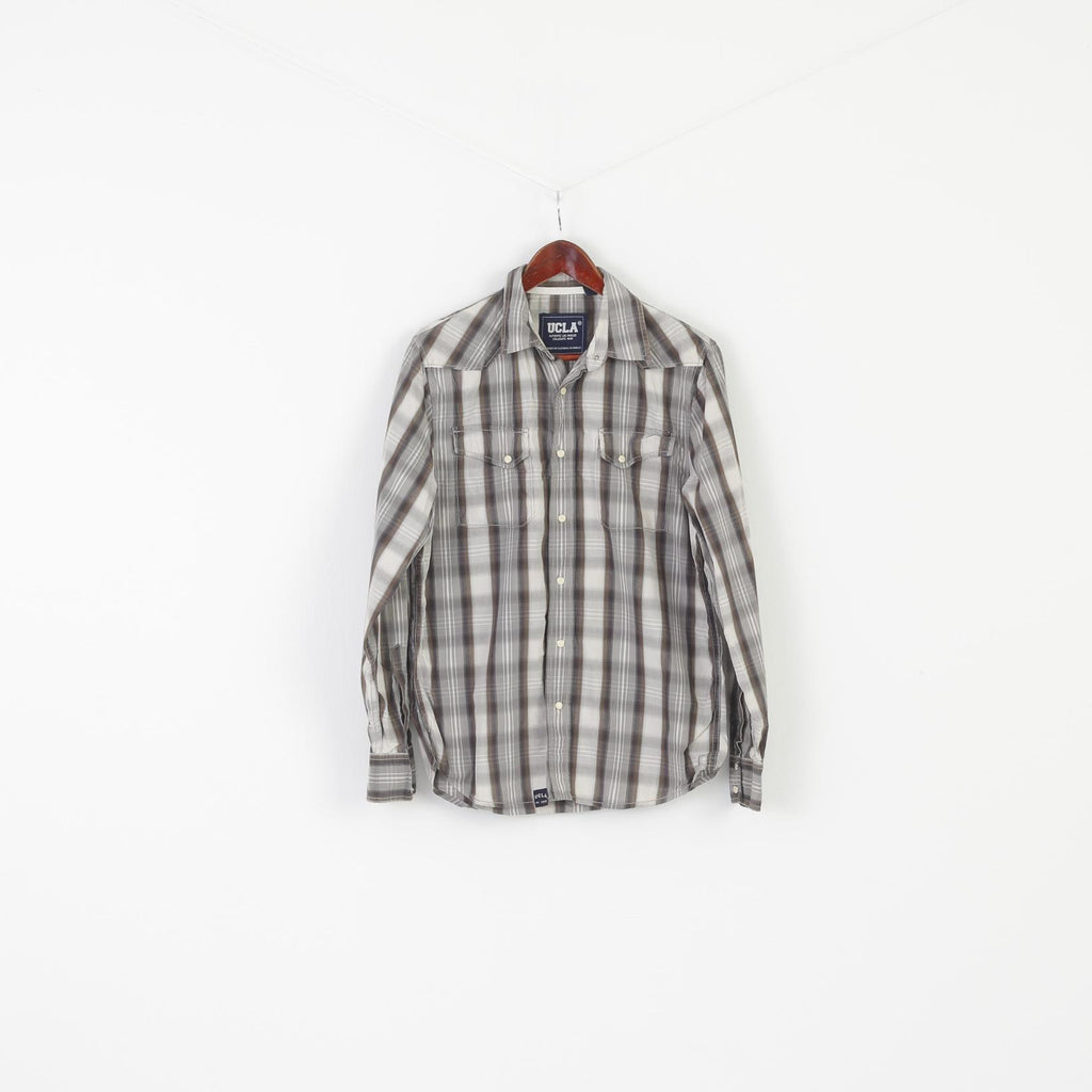 Ucla Los Angeles Colegiate Men M Casual Shirt Gray Cotton Slim Check Long Sleeve Top