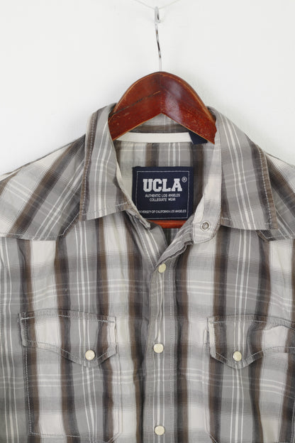 Ucla Los Angeles Colegiate Men M Casual Shirt Gray Cotton Slim Check Long Sleeve Top