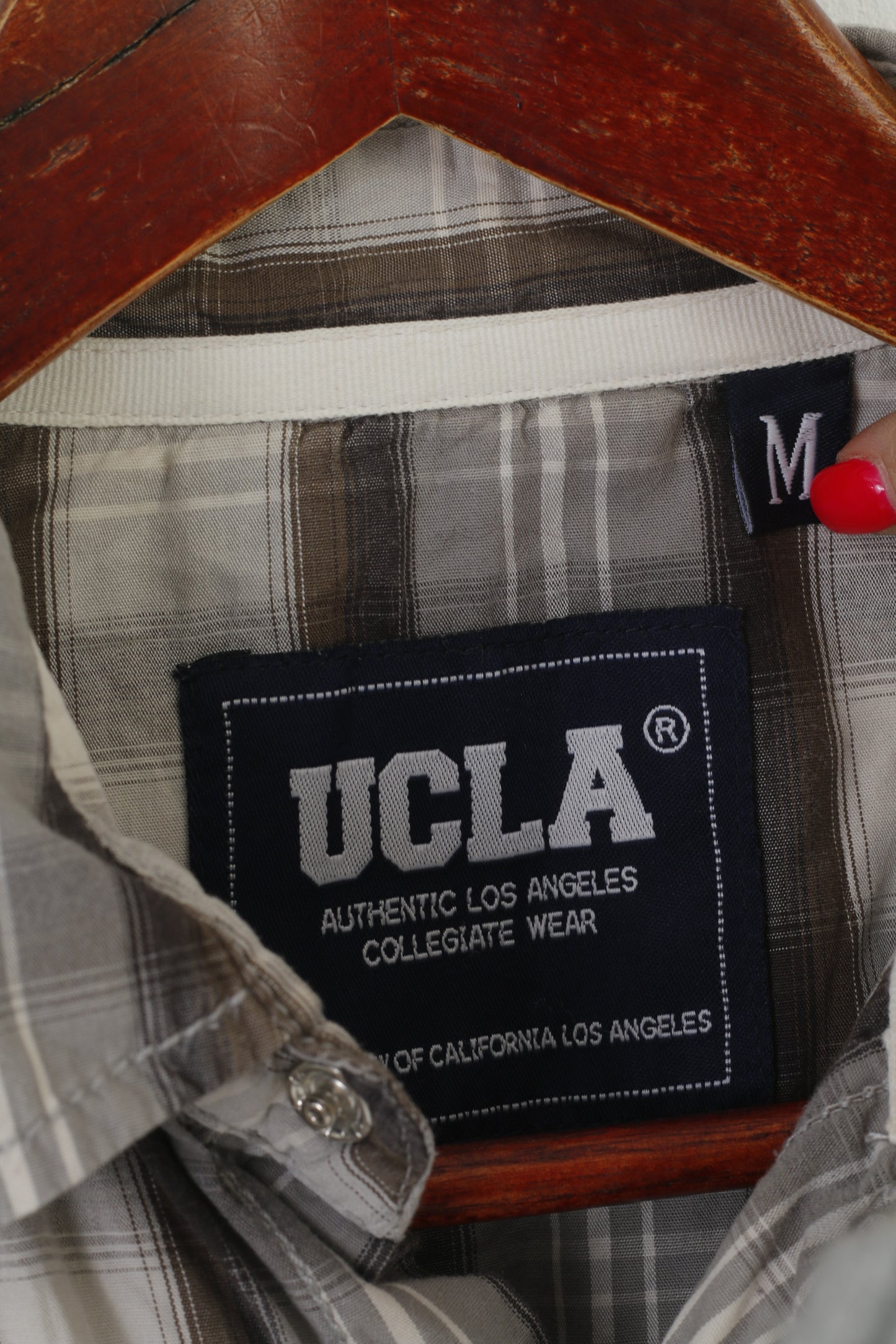Ucla Los Angeles Colegiate Uomo M Camicia casual Top a maniche lunghe a quadri slim in cotone grigio