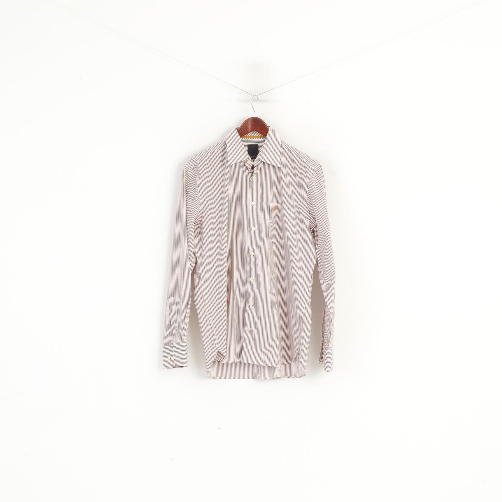 Bugatti Men 15.5 M Casual Shirt Orange Striped Cotton Long Sleeve Top