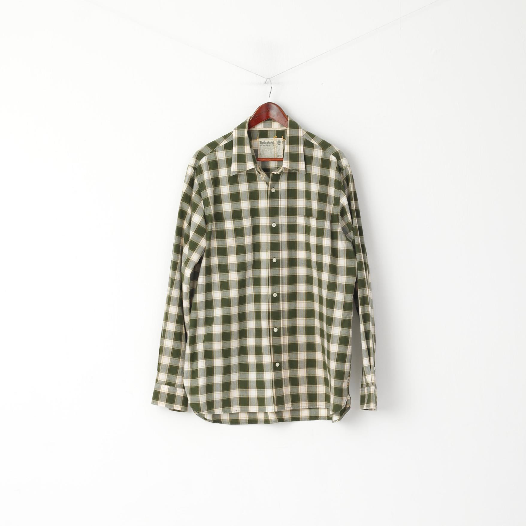 Timberland Men XL Casual Shirt Green Check Cotton Western Long Sleeve Top