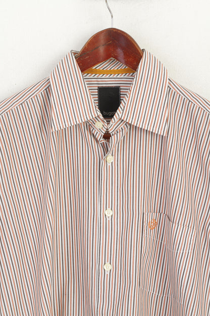 Bugatti Men 15.5 M Casual Shirt Orange Striped Cotton Long Sleeve Top