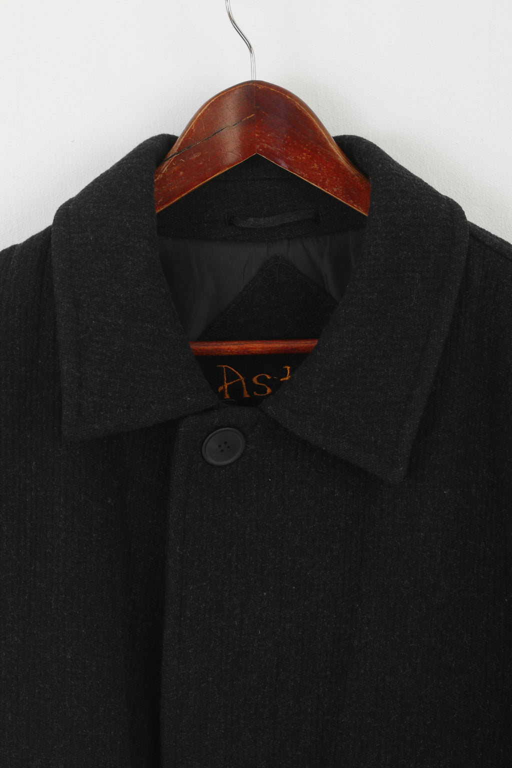 Astya Men 54 L Coat Charcoal Wool Vintage Single Breasted Shoulder Pads Overcoat
