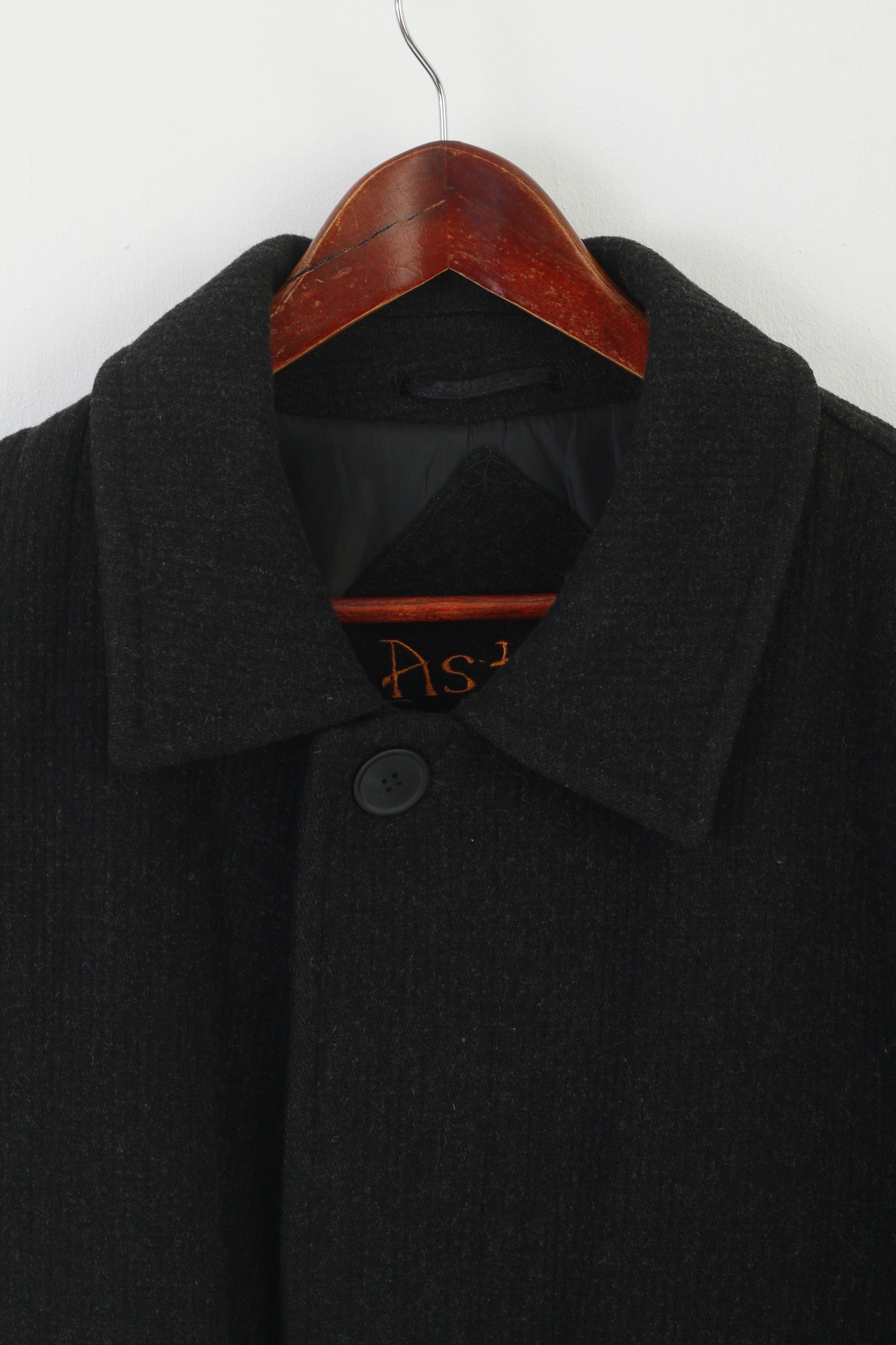 Astya Men 54 L Coat Charcoal Wool Vintage Single Breasted Shoulder Pads Overcoat