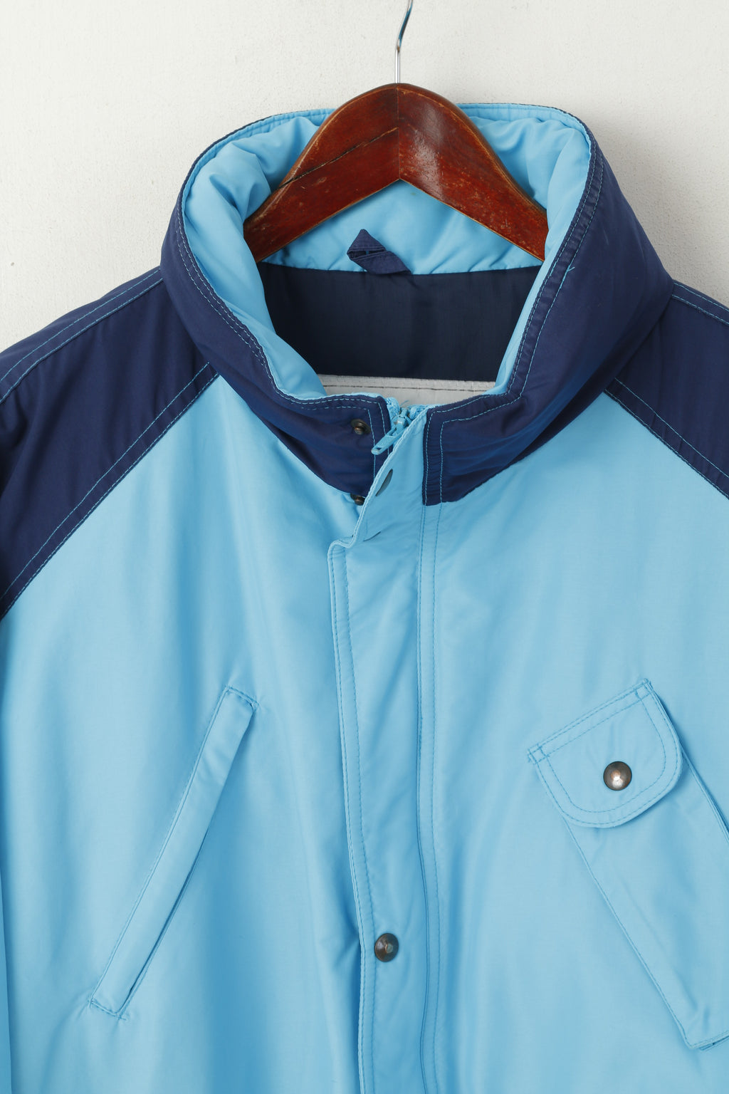 Huski Men 54 L Bomber Jacket Blue Padded Hidden Hood Full Zipper Italy Vintage Top