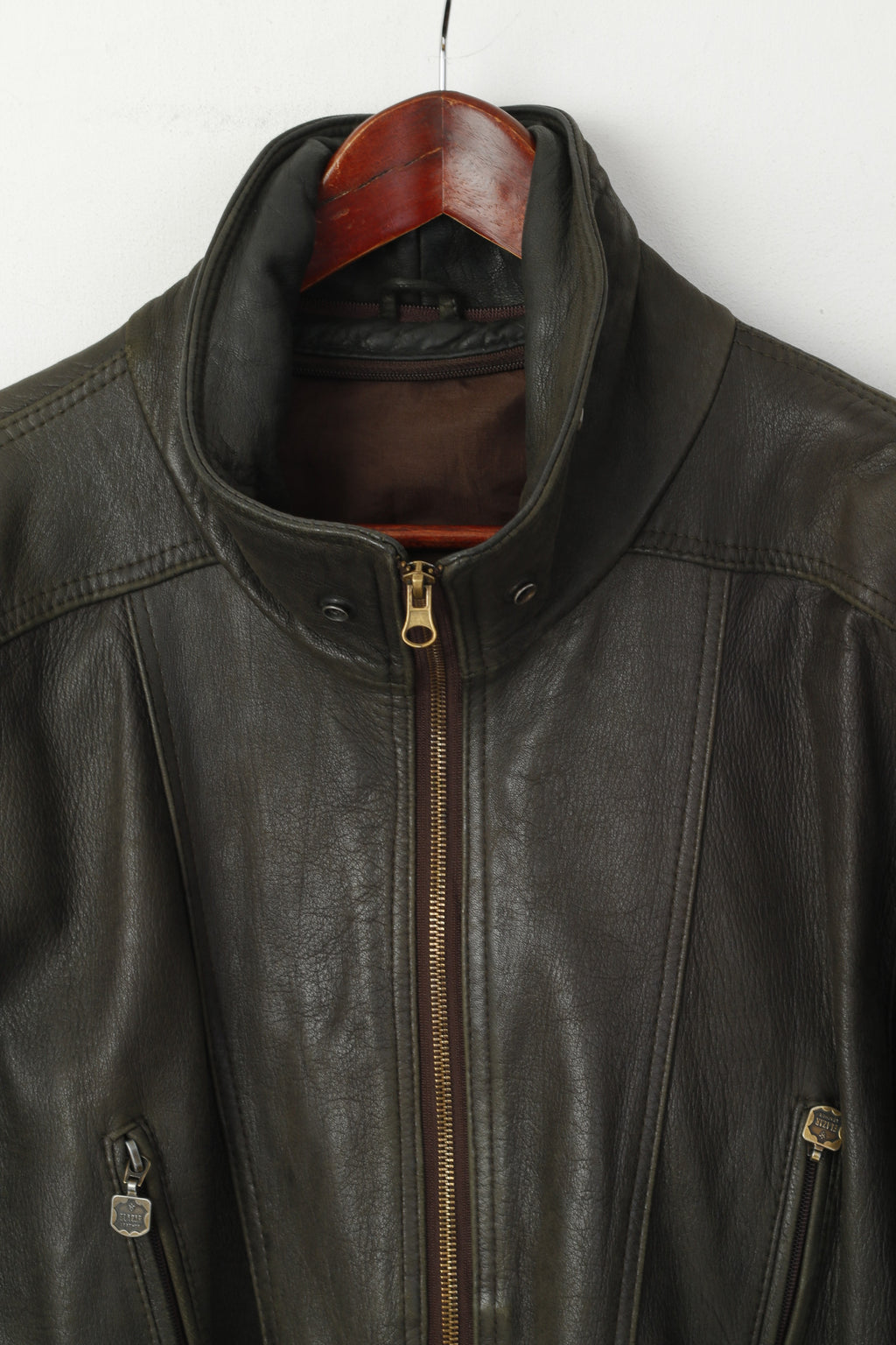 Elazar Women L Jacket Brown Leather Vintage Full Zipper Belted Classic Top