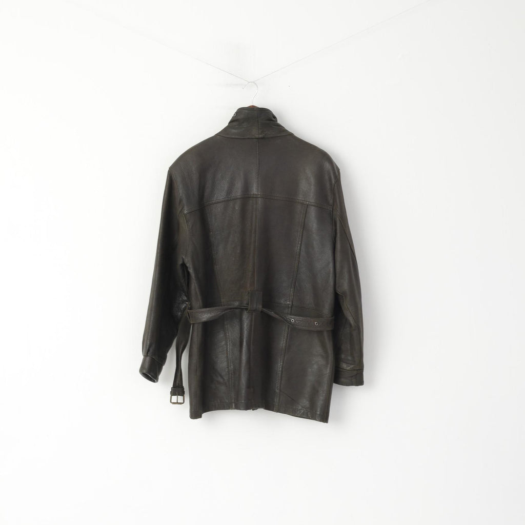 Elazar Women L Jacket Brown Leather Vintage Full Zipper Belted Classic Top