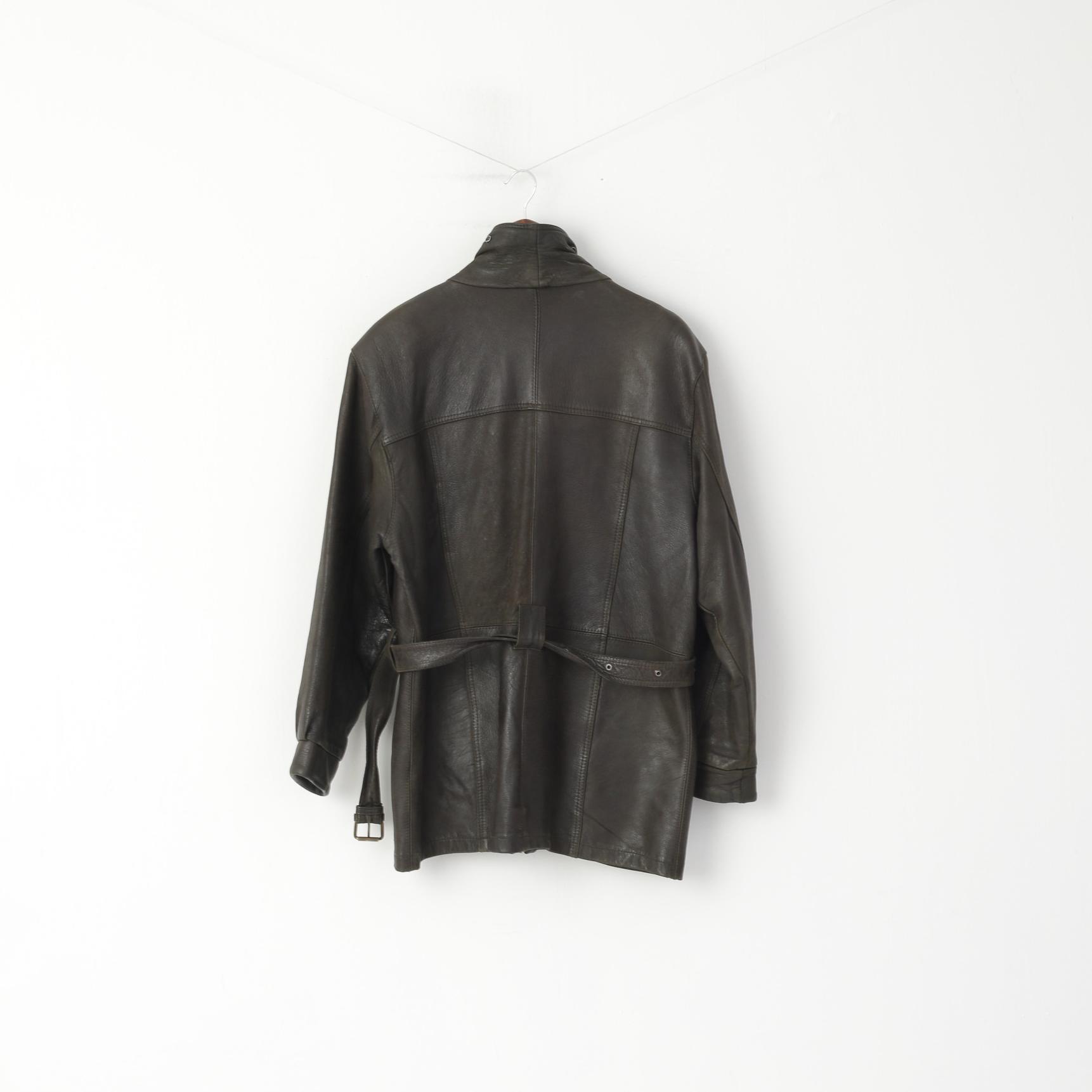 Elazar Women L Jacket Brown Leather Vintage Full Zipper Belted Classic Top