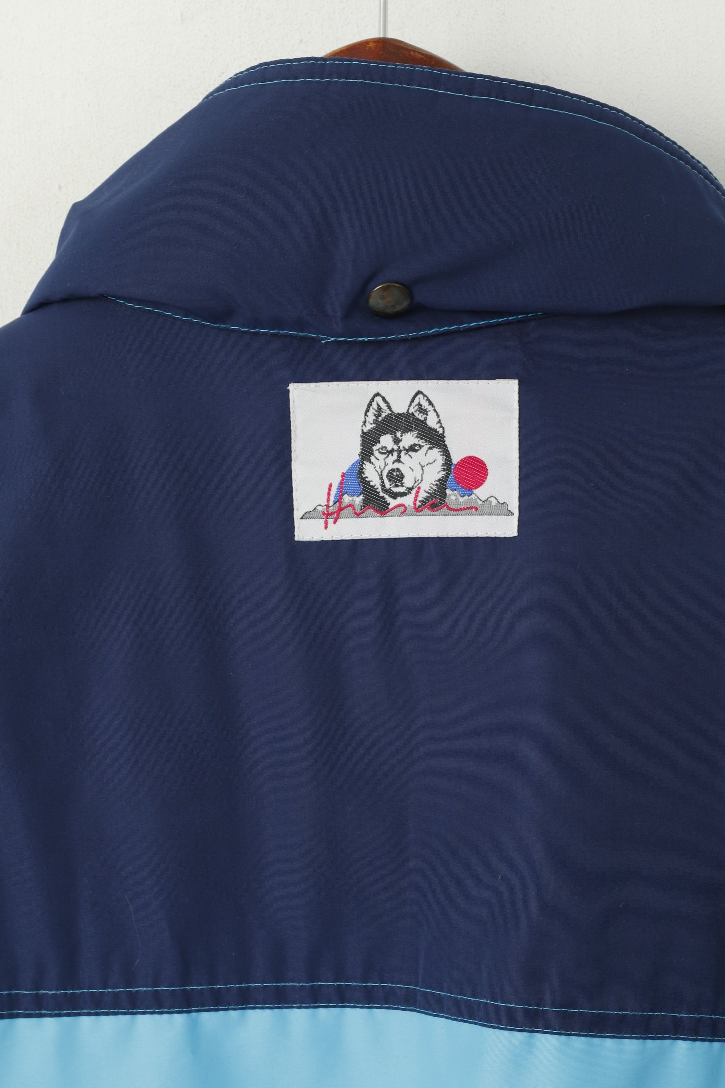 Huski Men 54 L Bomber Jacket Blue Padded Hidden Hood Full Zipper Italy Vintage Top