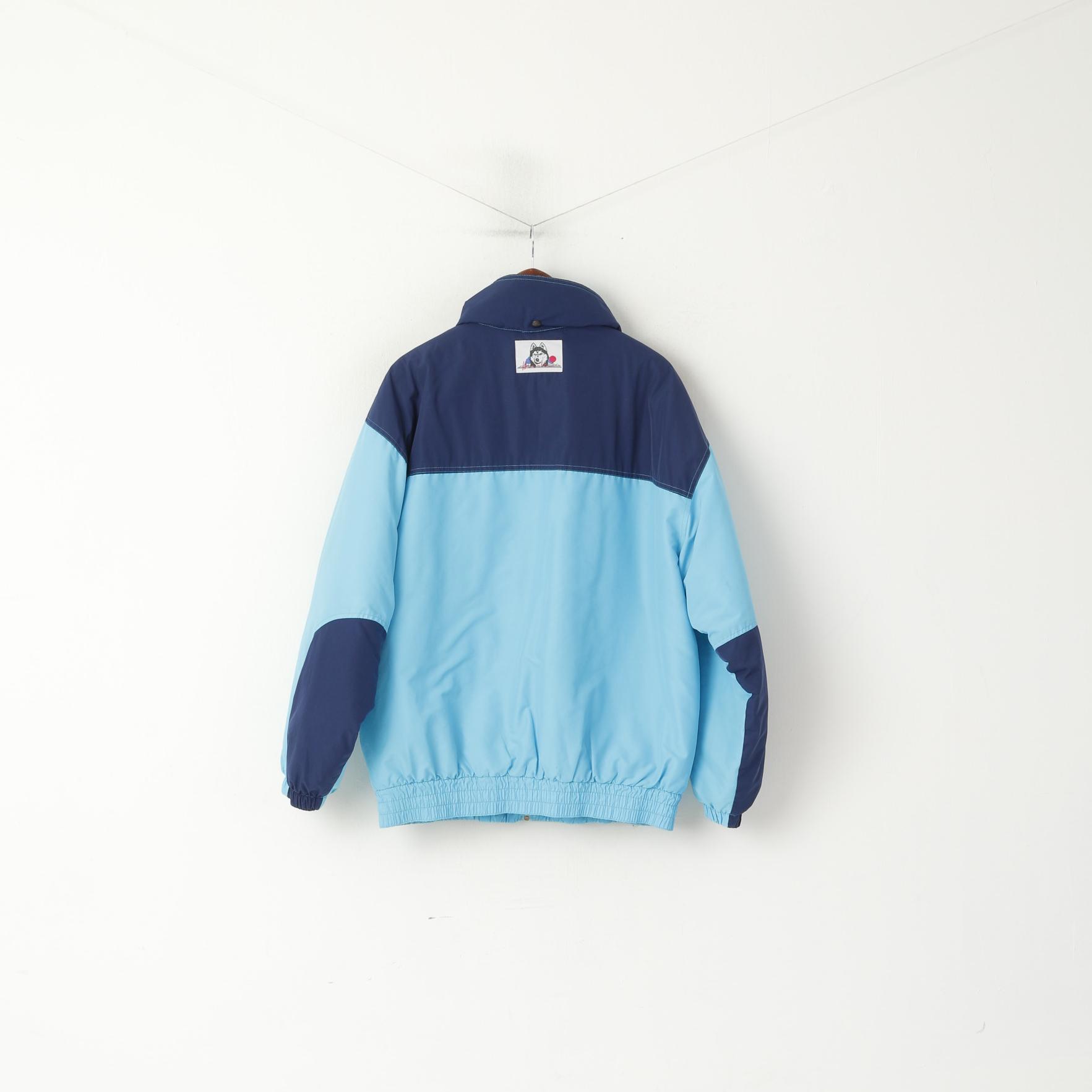 Huski Men 54 L Bomber Jacket Blue Padded Hidden Hood Full Zipper Italy Vintage Top