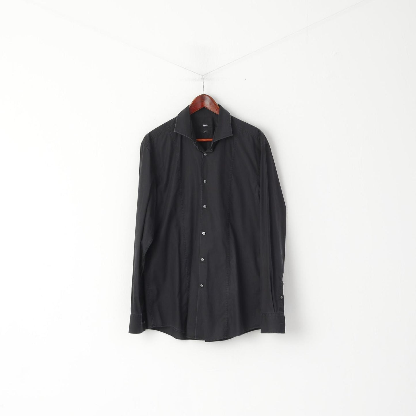 Hugo Boss Men 43 17 M Casual Shirt Black Cotton Slim Fit Long Sleeve Top