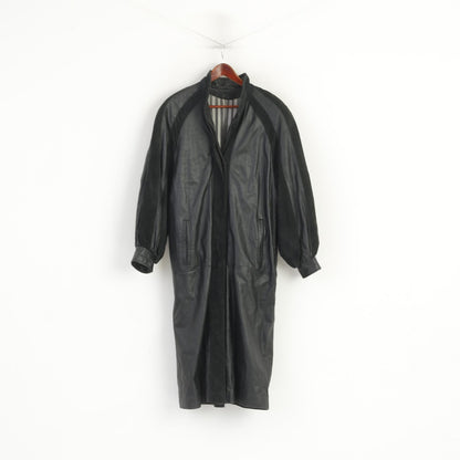 Vintage femmes 42 L Long manteau en cuir noir rembourré manches bouffantes épaulettes haut Long