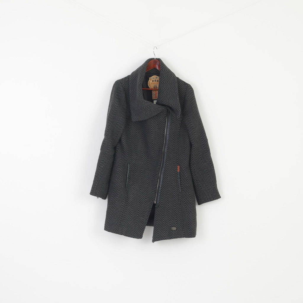 Khujo Women L (M) Coat Gray Striped Vintage Inspired Keitlin Full Zipper Top