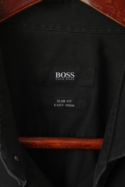 Hugo Boss Men 43 17 M Casual Shirt Black Cotton Slim Fit Long Sleeve Top