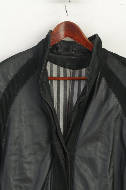 Vintage Women 42 L Long Coat Black Leather Padded Puffed Sleeves Shoulder Pads Long Top