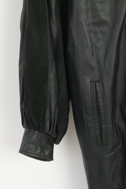 Vintage Women 42 L Long Coat Black Leather Padded Puffed Sleeves Shoulder Pads Long Top