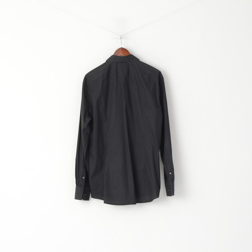 Hugo Boss Men 43 17 M Casual Shirt Black Cotton Slim Fit Long Sleeve Top