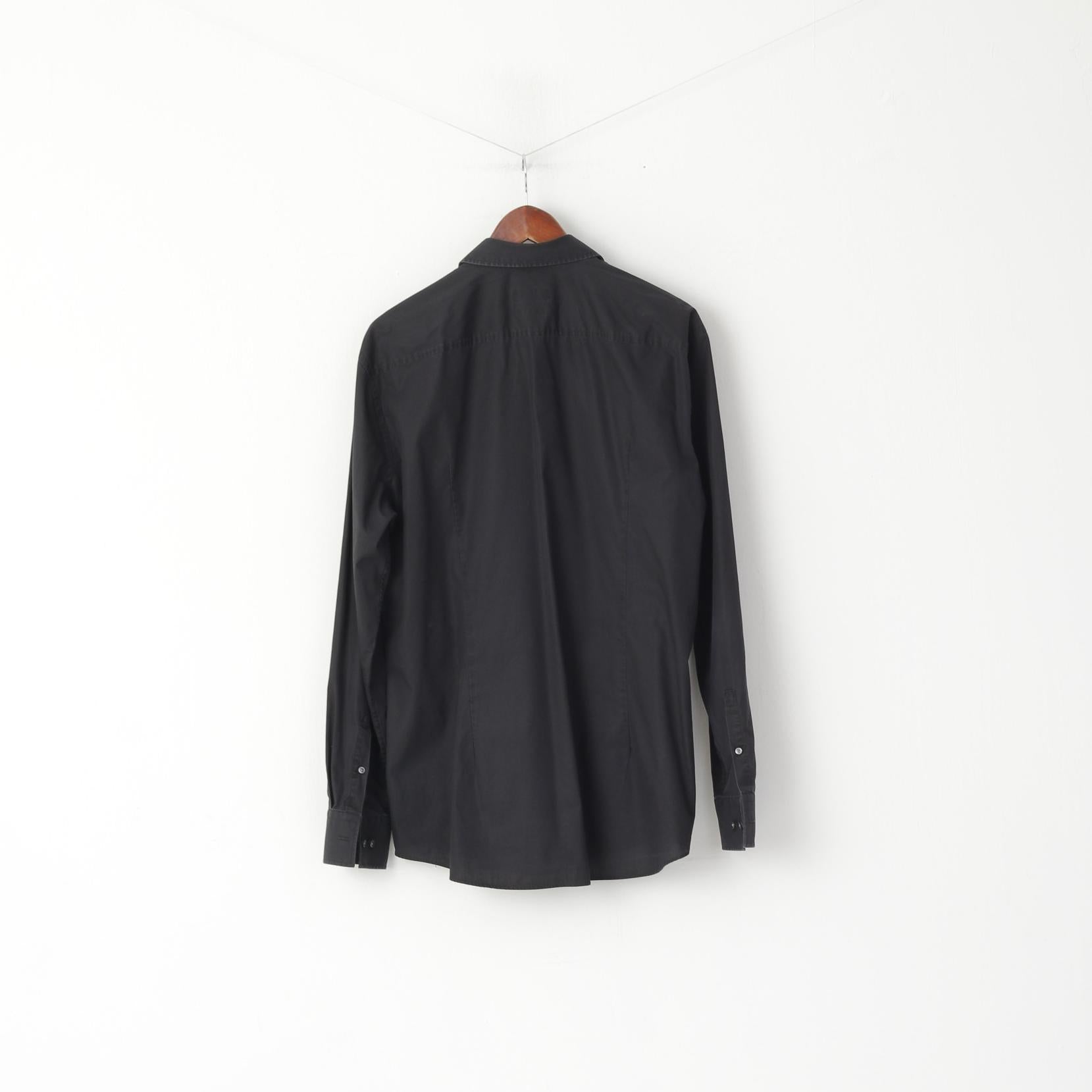 Hugo Boss Men 43 17 M Casual Shirt Black Cotton Slim Fit Long Sleeve Top