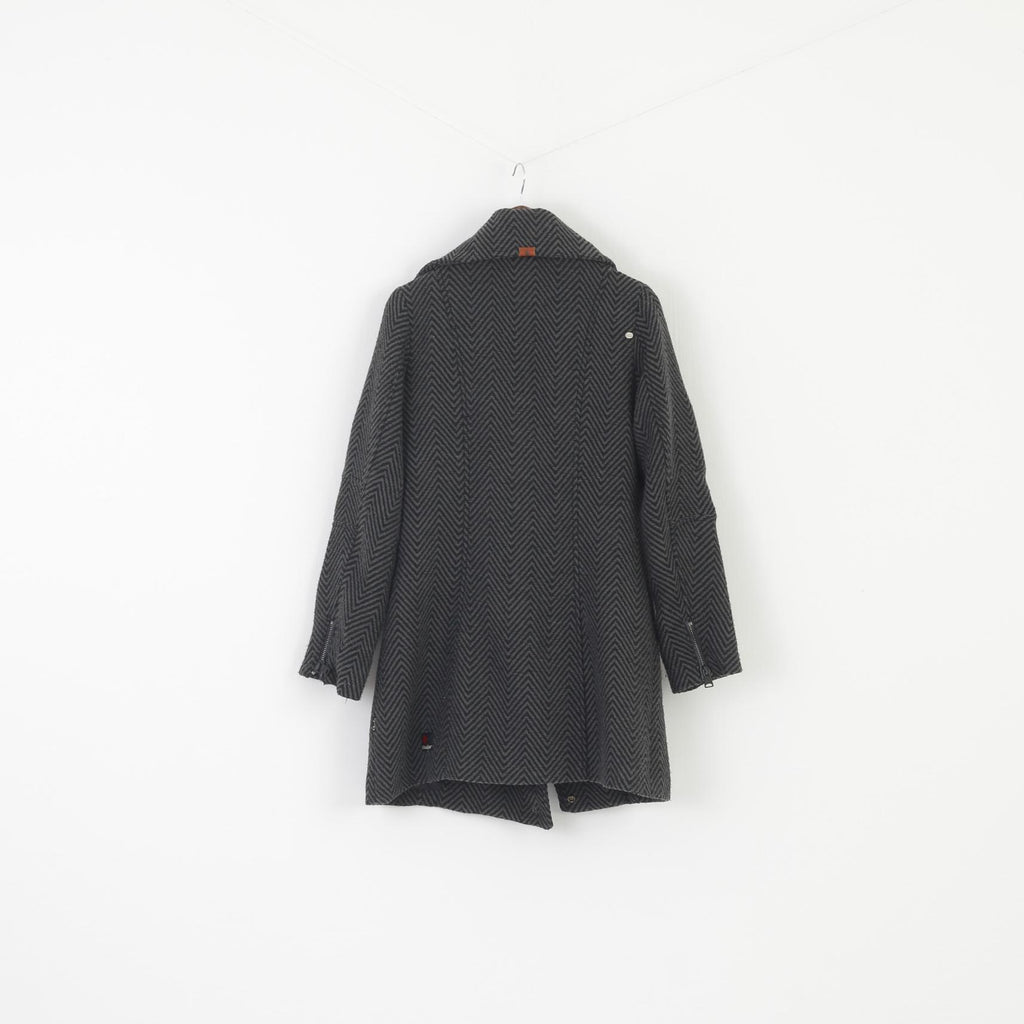 Khujo Women L (M) Coat Gray Striped Vintage Inspired Keitlin Full Zipper Top