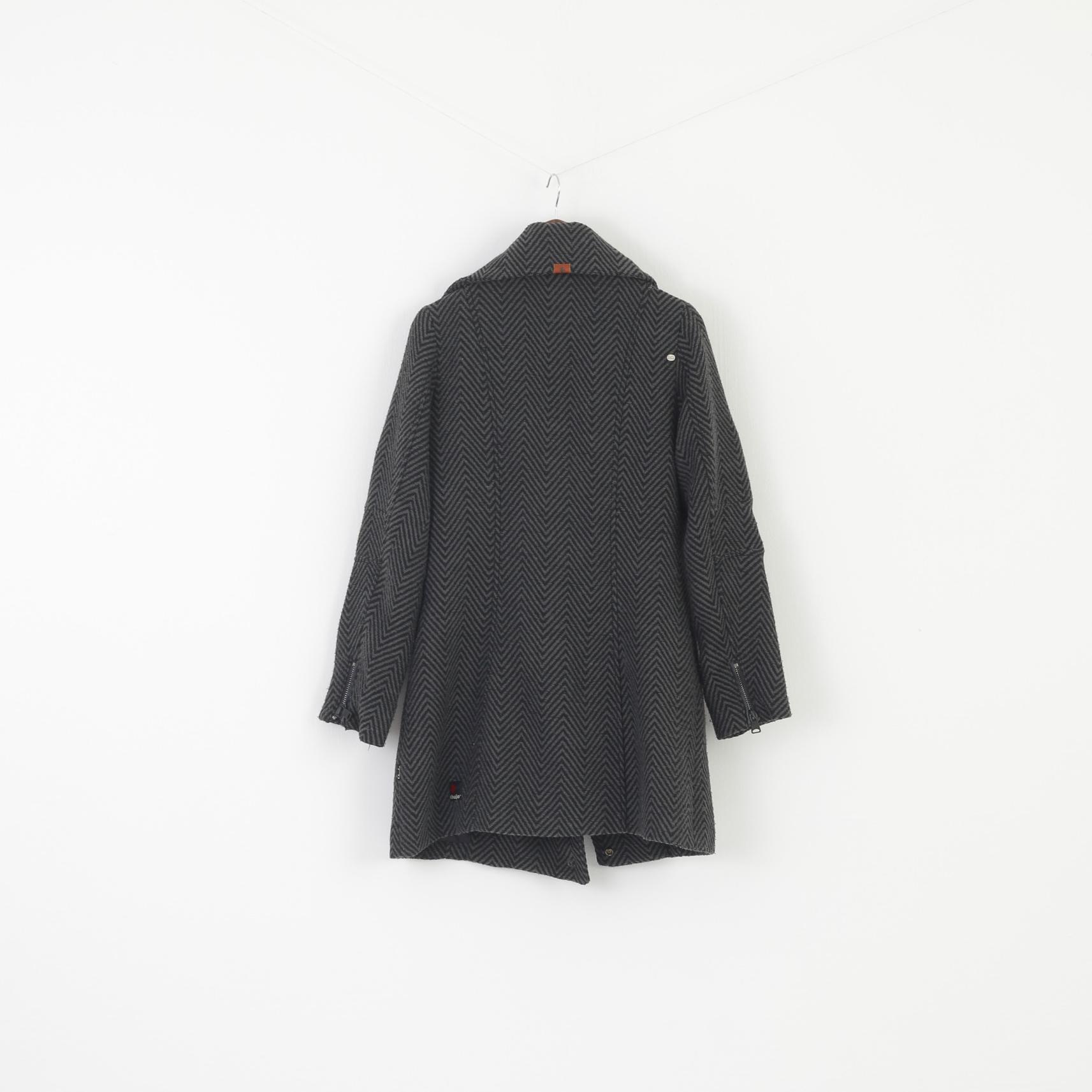 Khujo Women L (M) Coat Gray Striped Vintage Inspired Keitlin Full Zipper Top