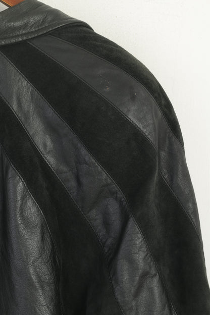 Cappotto lungo da donna vintage 42 L. Spalline imbottite in pelle nera con maniche a sbuffo e parte superiore lunga