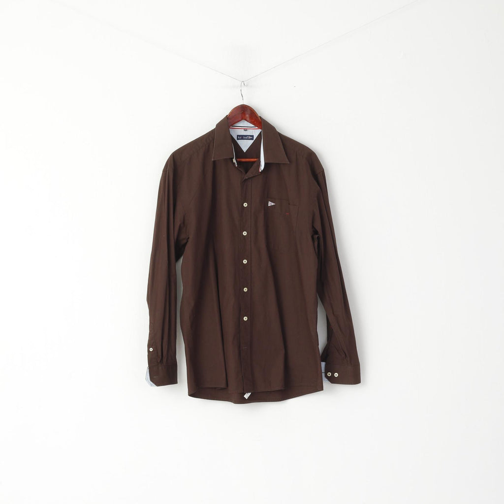 Paul R. Smith Men M Casual Shirt Brown Cotton Detailed Buttons Long Sleeve Plain Top