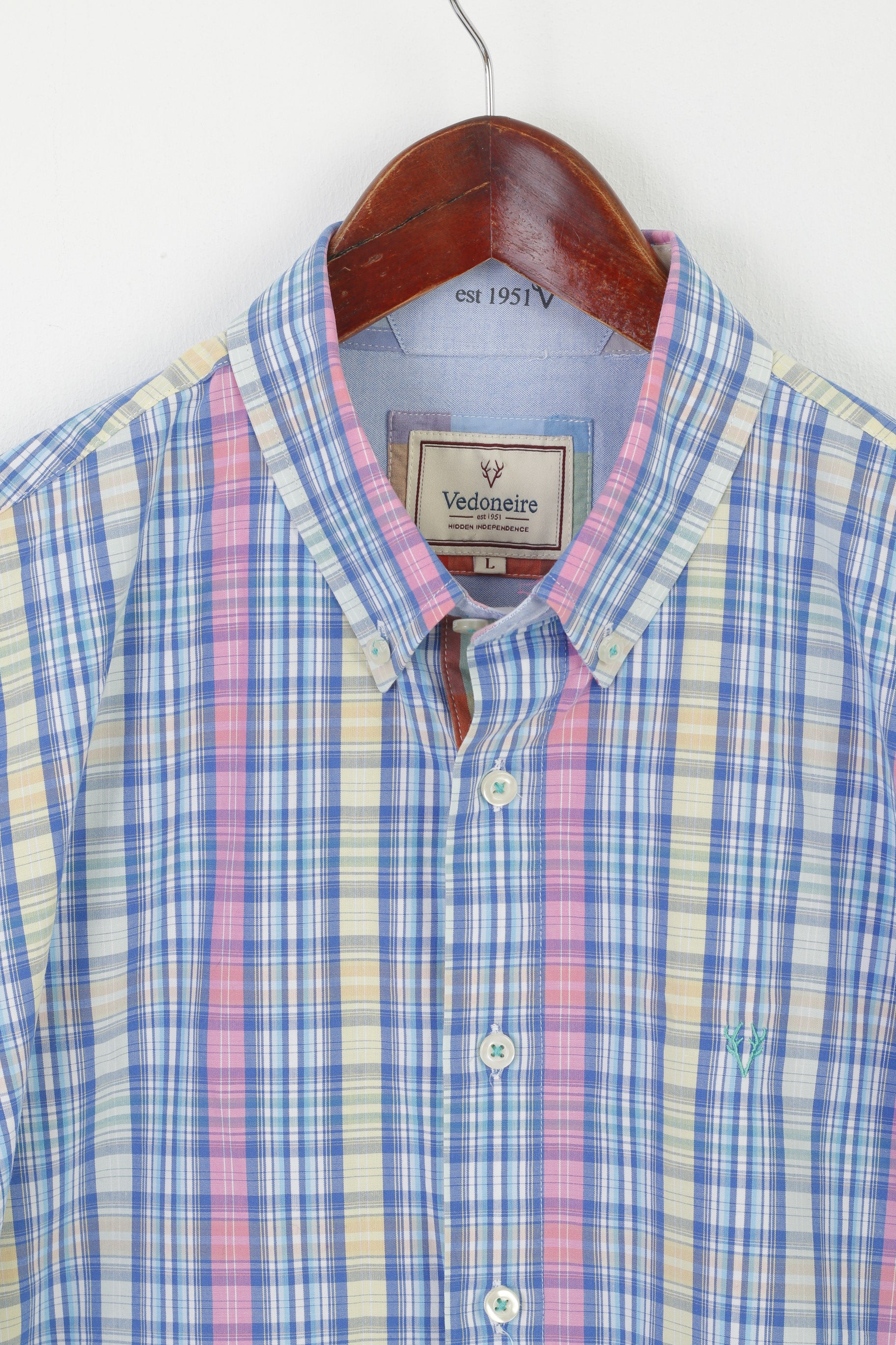 Vedoneire Men L Casual Shirt Blue Check Cotton Long Sleeve Button Down Collar Top